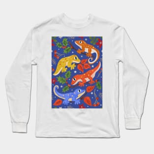 Colourful Christmas Geckos with Holly on Bright Blue Long Sleeve T-Shirt